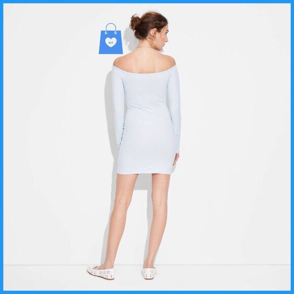 Large - Womens Off the Shoulder Lace Trim Mini Bodycon Dress - Light Blue - Picture 6 of 6